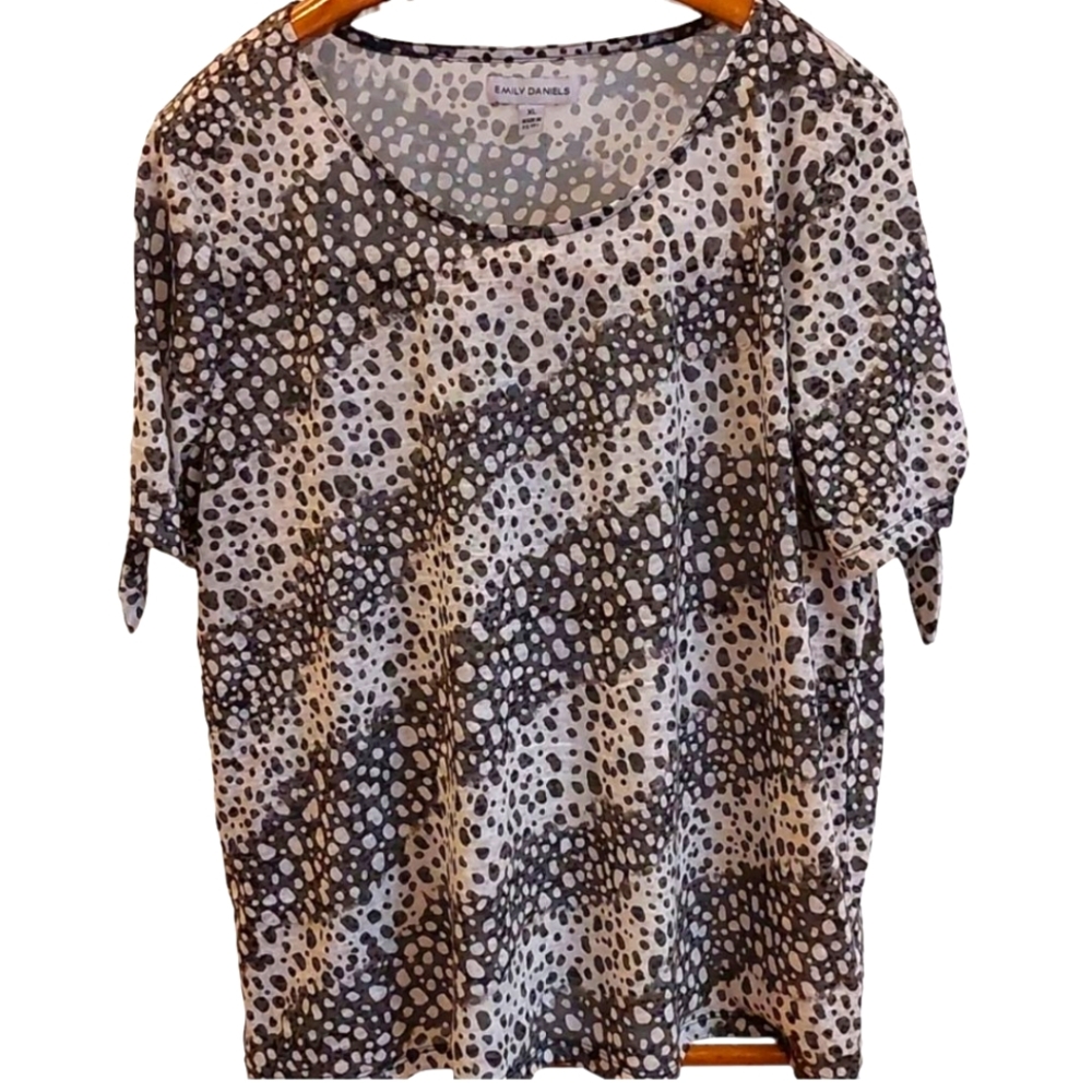 Emily Daniels Tie Sleeve Top in Black and White Abstract Dots XL EUC